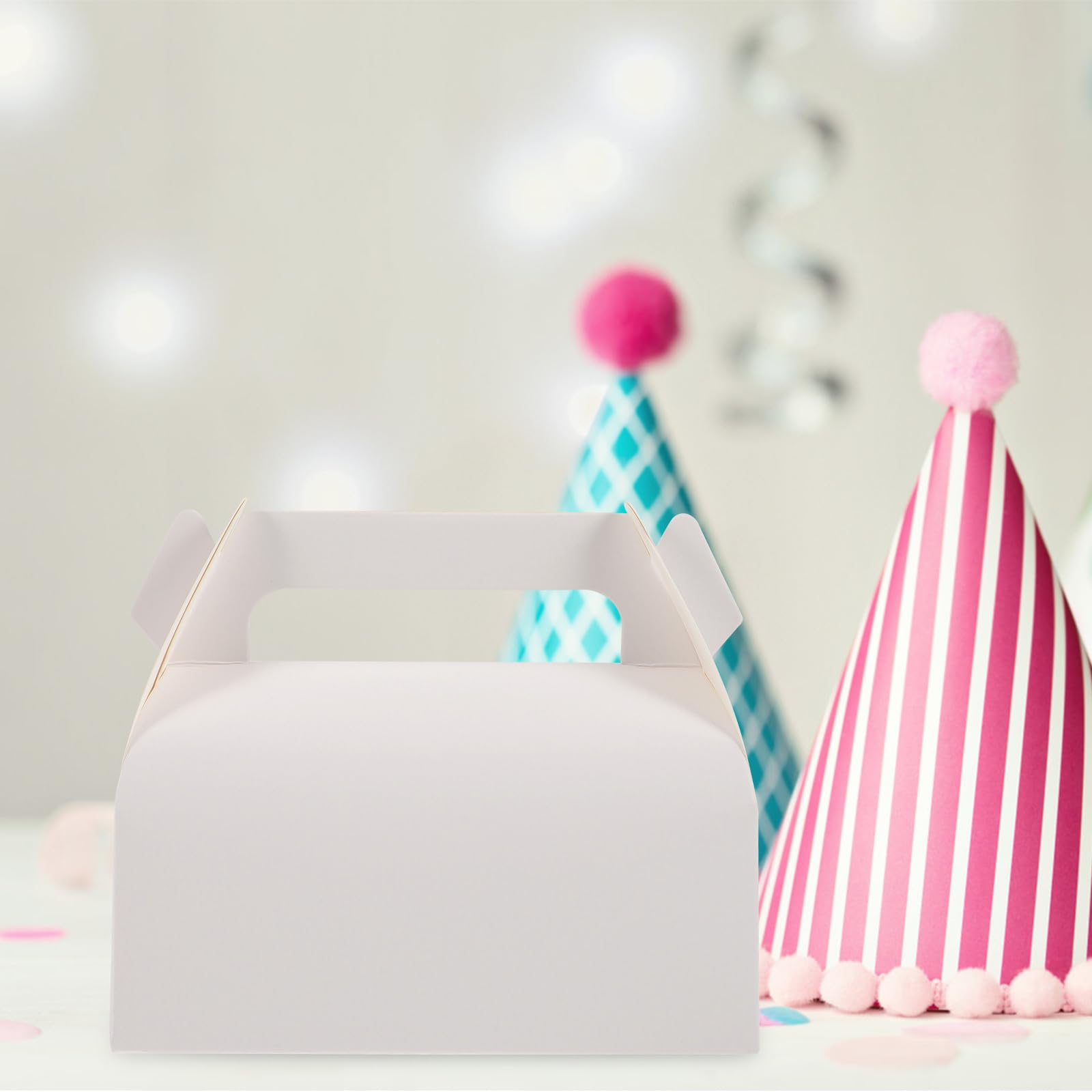 50 Stück Weiße Gebäckschachteln aus Papier für Muffins und Kuchen mit Tragegriff Faltbar für Zuhause und Geburtstagsparty