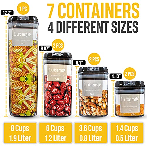 LYTIO Airtight Clear Food Storage Containers Set 7 Pieces with Easy Lock Lids for Kitchen Pantry Organization Plastic Canister with Labels (Black, Plastic Container)