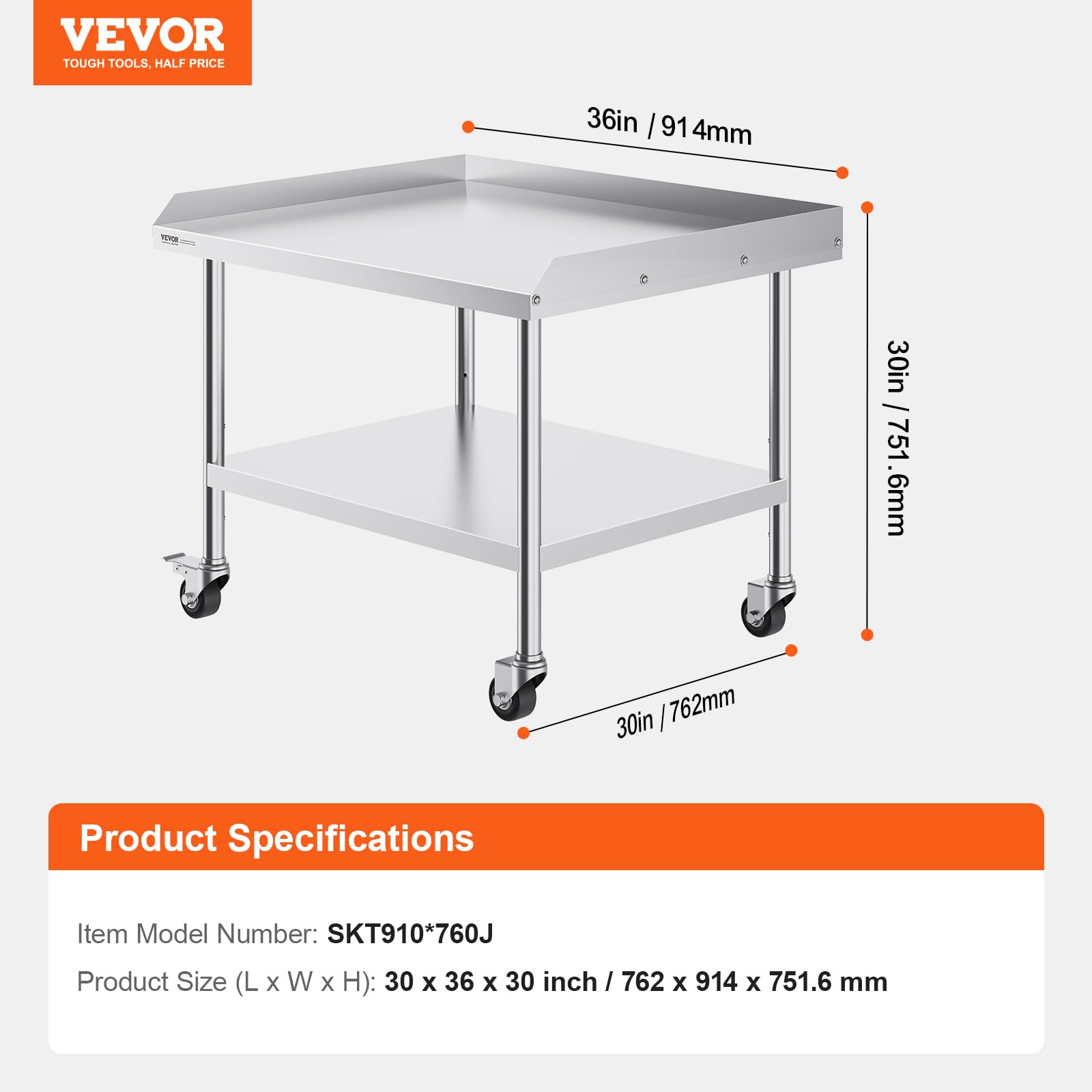 VEVOR Tavolo da Lavoro in Acciaio Inossidabile 762 x 914 x 751,6 mm Tavolo da Lavoro Commerciale per Preparazione degli Alimenti 4 Ruote, Alzatina su 3 Lati, Tavolo da Lavoro in Metallo per Ristorante