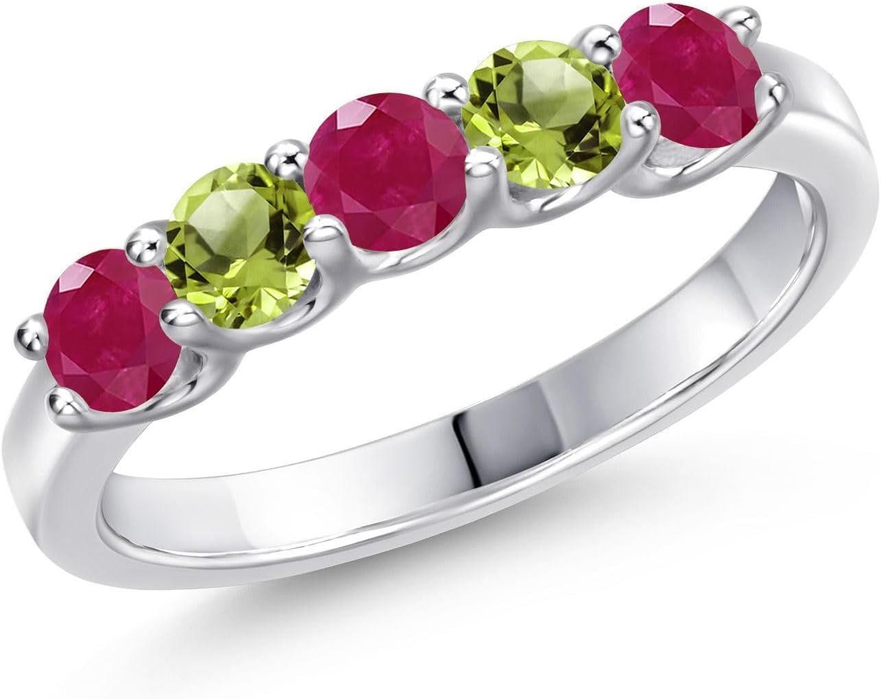 Gem Stone King 925 Sterling Silver Red Ruby and Green Peridot Wedding-Bands Ring For Women | 1.16 Cttw | Round 3.5MM | Gemstone July Birthstone