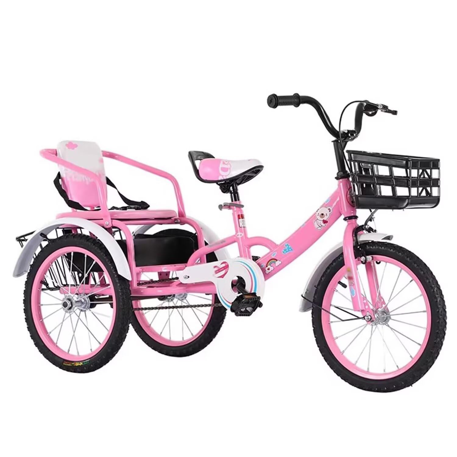 Pedal tricycles for Age 3-10,Cruiser Trike with Single Brake,Tandem trikes with Rear Passenger seat,tricycles for Daily Riding,3 Wheels,Rickshaw for Children, pink-16inch