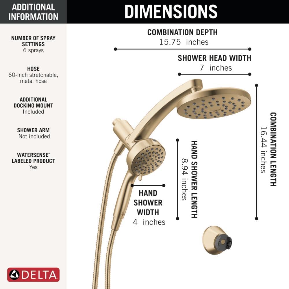 Delta 6-Setting PivotPro 3-in-1 Combination Shower Head with ProClean Spray, Brushed Gold Round Shower Head Rainfall with Handheld Spray, 1.75 GPM, Champagne Bronze 75649CZ - Image 7