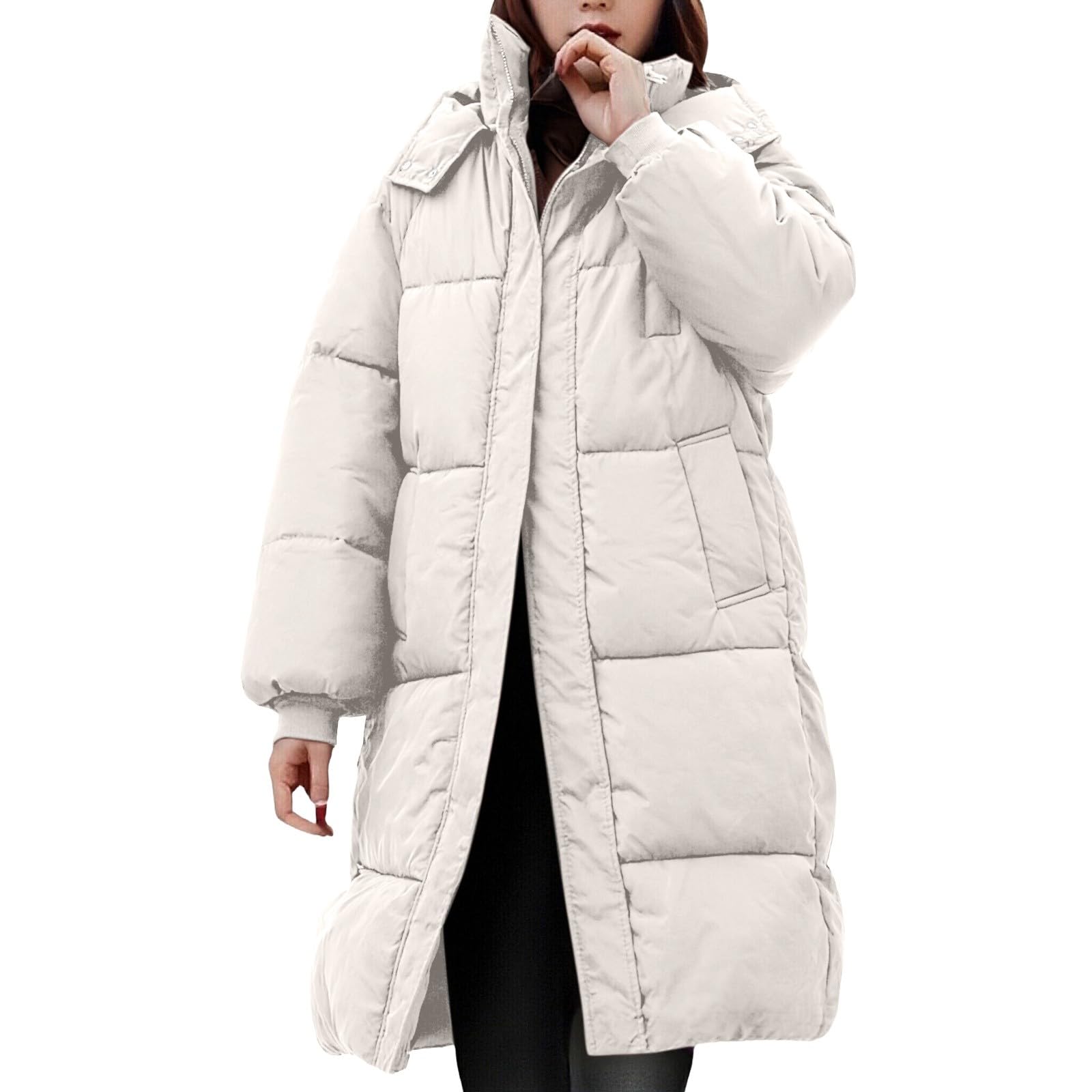 Generisch Abrigo de invierno largo para mujer - Chaquetas de plumas para mujer, abrigo acolchado de invierno, parka monocolor, con cremallera, gabardinas de gran tamaño, chaqueta ligera a prueba de