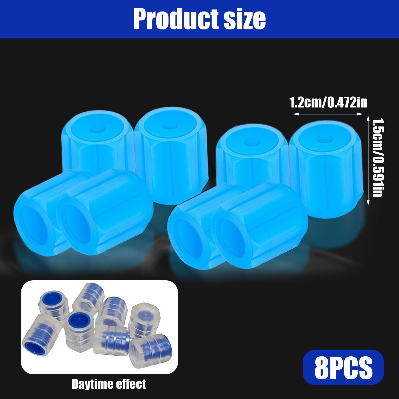 8PCS Dust Caps for Car Bike Tyres Universal Fluorescent Tire Valve Caps Glow in the Dark Car Bike Wheel Stem Covers, Durable Dust Caps Fit for Car, Children's Bicycles Safe at Night (Blue) - 2