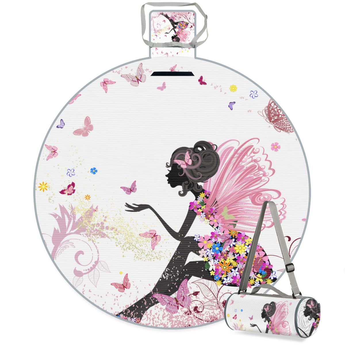 Shimoshe Butterfly Flower Dress Girl Picnic Outdoor Blanket Foldable Waterproof Sandproof Beach Blanket Portable Water-Resistant Round Picnic Mat for Travel Camping Park Lawn