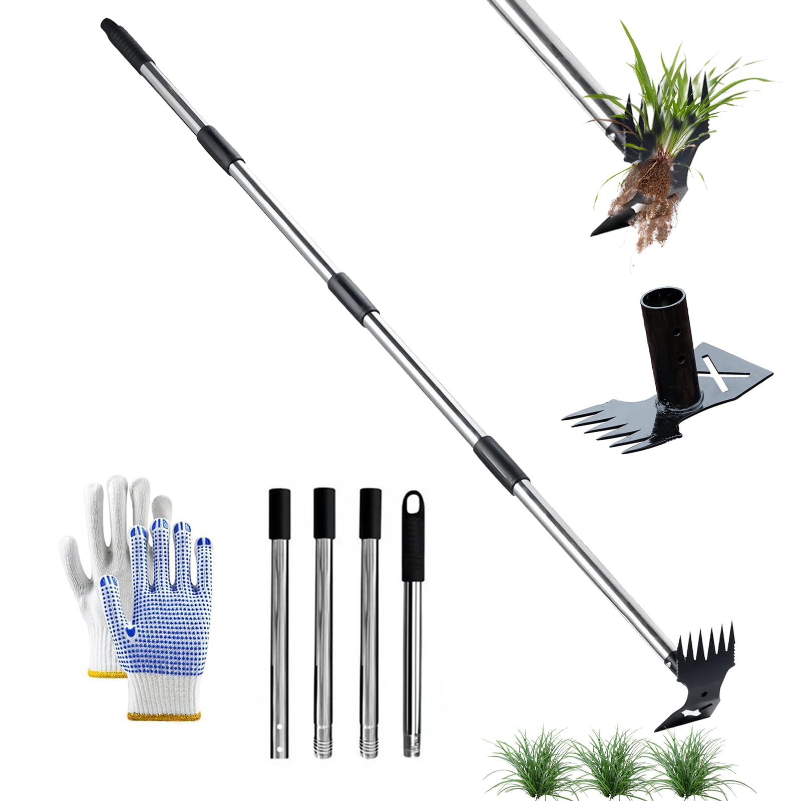 Weed Puller Tool with Long Handle 150cm, 2 in 1 Manual Weed Rake & Garden Hoe, Heavy Duty Weeding Tool for Garden, Lawn, Yard, Patio – Stand Up Weeder, Detachable Pole, Includes Gardening Gloves