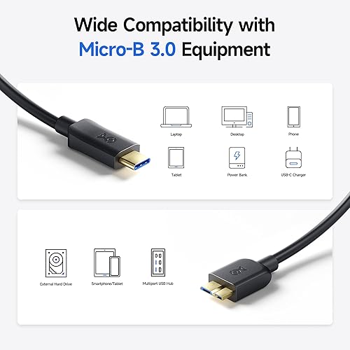 Miniatura 4 de Cable Matters Cable corto USB C a Micro USB 3.0 de 10 Gbps, cable de disco duro USB-C, cable micro B a USBC, compatible con Seagate, LaCie, Toshiba,