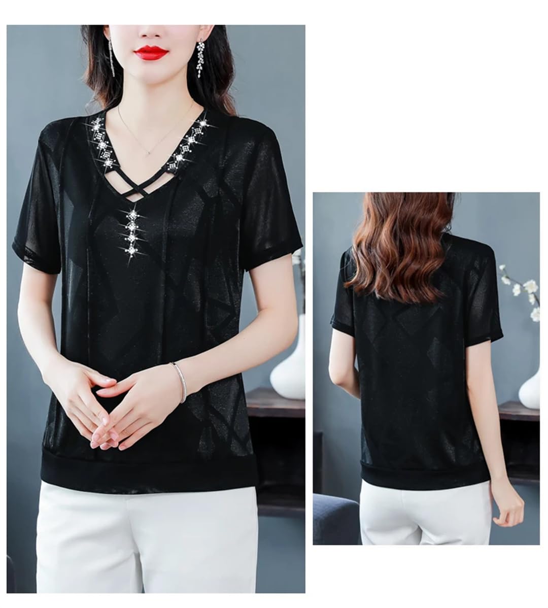 Camicia estiva da donna con scollo a V, in chiffon, con pannello allentato