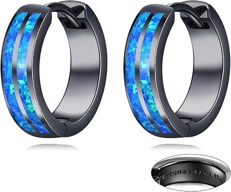 Black Hoop Earrings for Men Sterling Silver Blue Opal/Turquoise/Malachite Huggie Hoops Earrings Jewelry Gift for Men