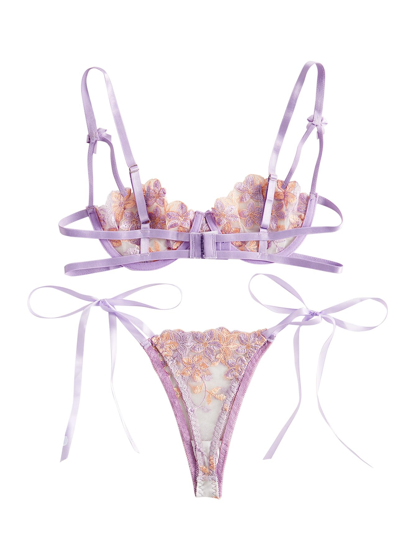Lilosy Sexy Tie Side Cute Underwire Push Up Strappy Embroidered Mesh Sheer Lingerie Set: Bow Large Bow Flower Lavender Purple