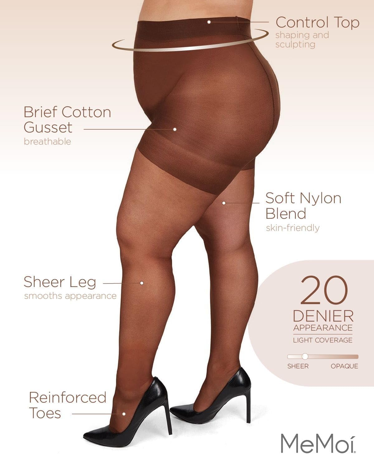 MeMoi Plus Size Curvy Control Top Pantyhose for Women, Comfortable Silky Sheer Pantyhose, Lightweight Womens Stockings - Image 3