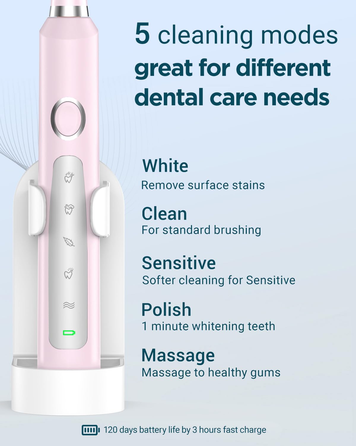 Rtauys M5 Sonic Electric Toothbrush for Adults and Kids - Rechargeable Electric Toothbrush Kids Ages 12+ and Adults with 8 Brush Heads & Travel Case, 120 Days Battery Life - Sakura Pink