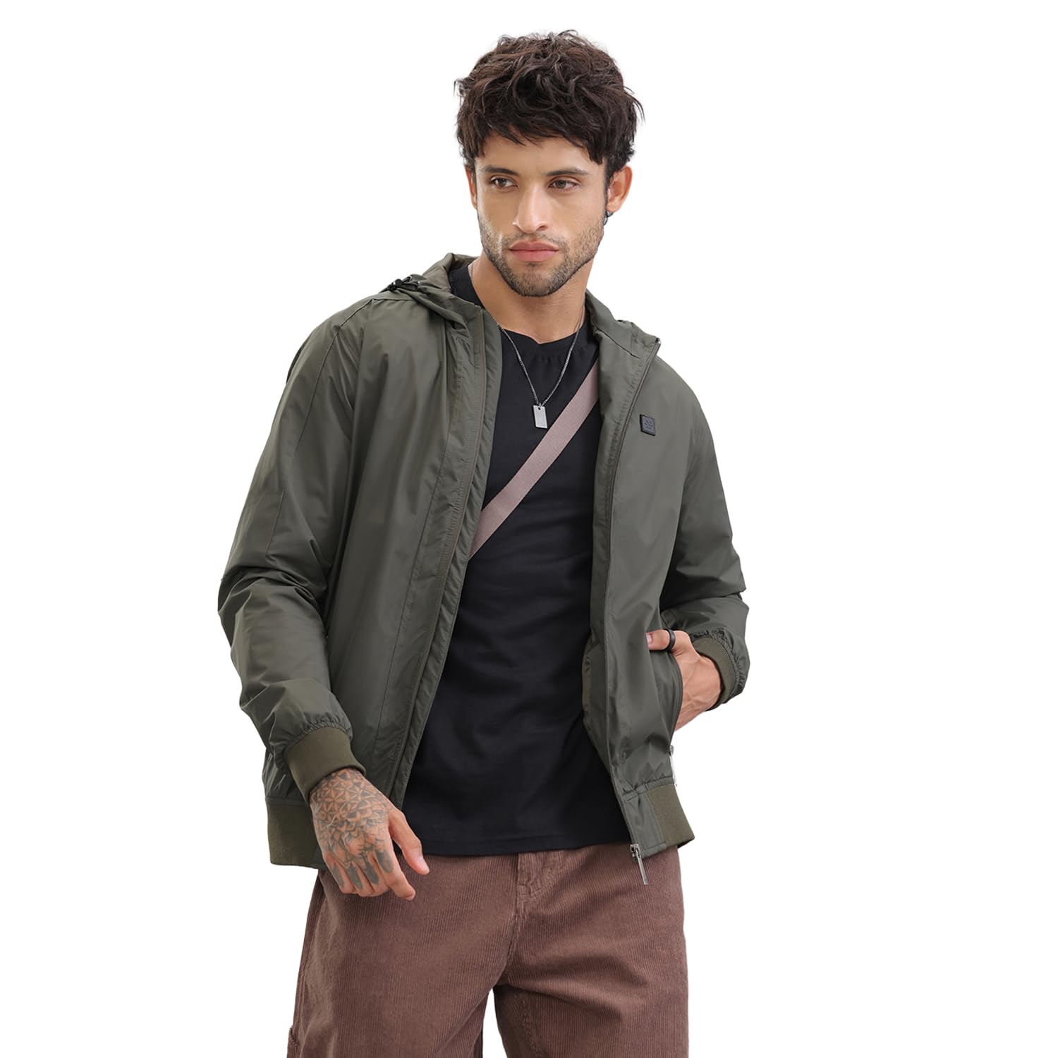 wrogn Men's Olive Hooded Bomber Jacket-picture-57