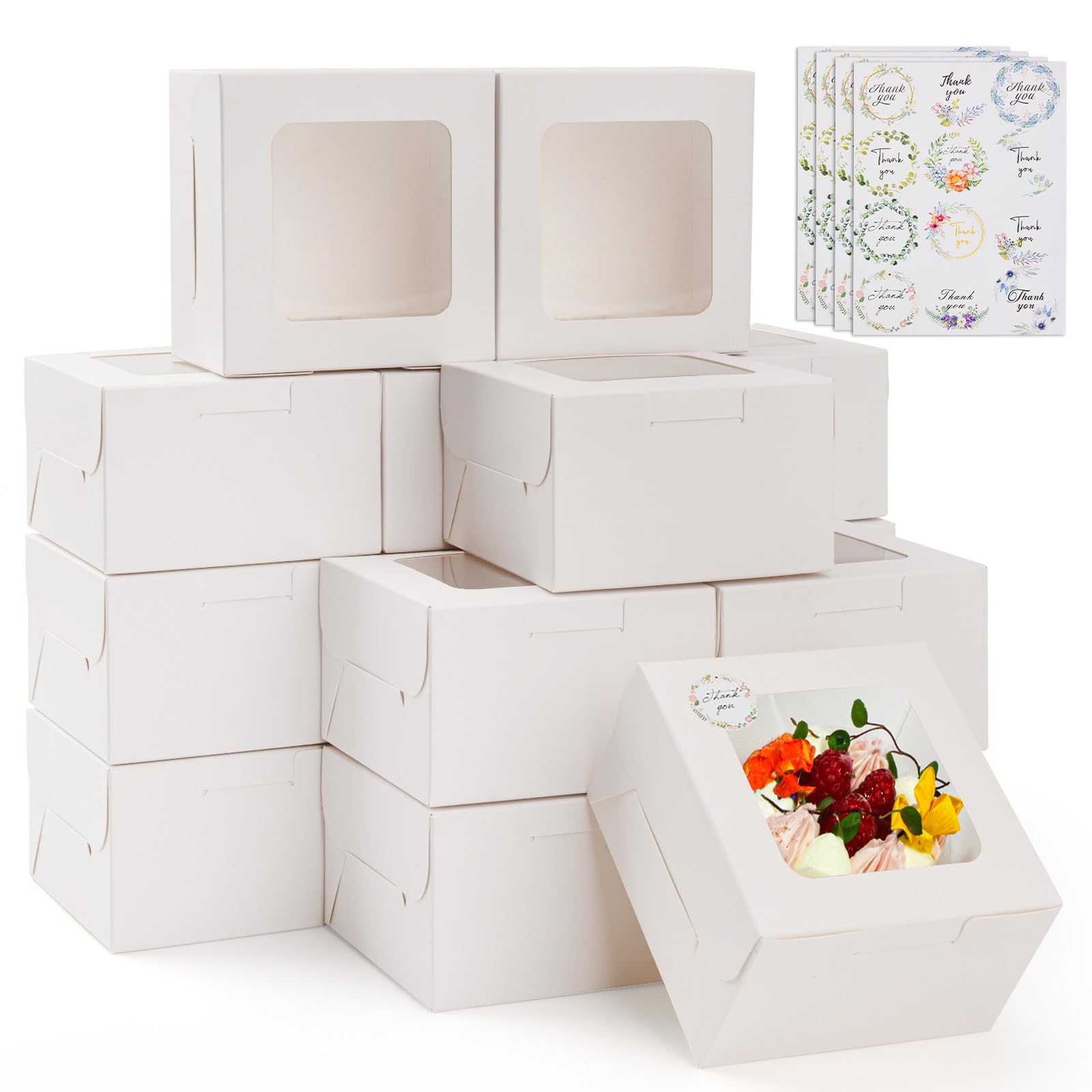 Vane Delx 30pcs Small White Cookie Boxes, 4x4x2.5 Inch Bakery Boxes with Window, Providing Gift Packaging Solutions for Mini Cakes, Desserts, Treats,