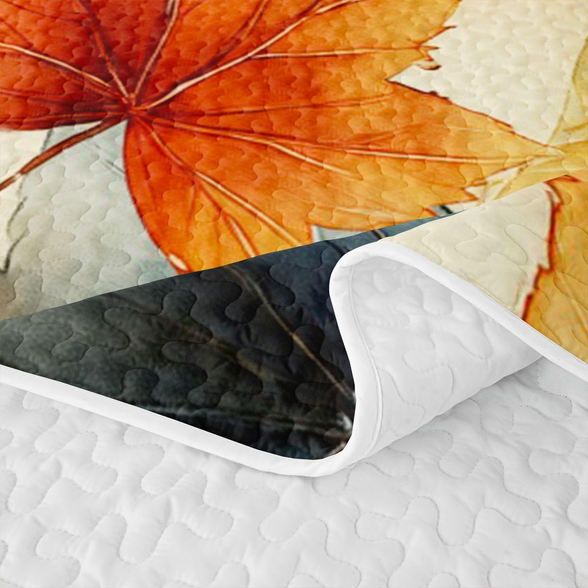 Manfei Watercolor Maple Seamless Quilt Set Twin Size,Mixed Autumn Leaf Quilted Bedspread for Kids,Autumn Style Quilted Coverlet with 1 Pillow Sham,Teal Cream Bed Covers for All Season