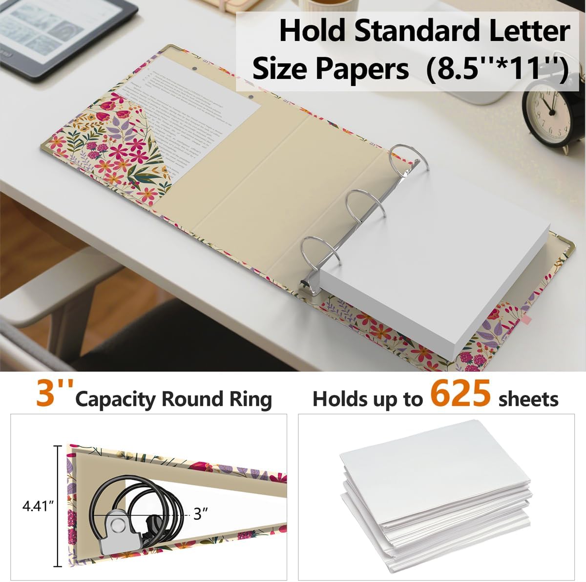 3 Ring Binder 3 Inch, Cute Decorative Hardcover Low Profile Clipboard with Storage, 3'' Round Ring Binders for Letter Size Paper, Durable Binder Organizer for School Office Supplies(Pink Floral)