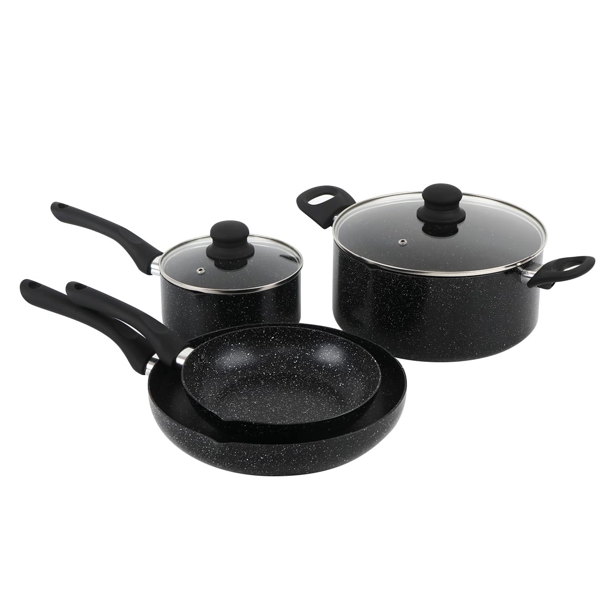 QDESIGN BLACKMARBLE+ Batterie de cuisine 6 pcs - 2 poêles + 2 casseroles en fonte d'aluminium anti-adhésif anti-rayures sans PFOA + 2 couvercles verre trempé - tous feux dont induction - Marbre noir