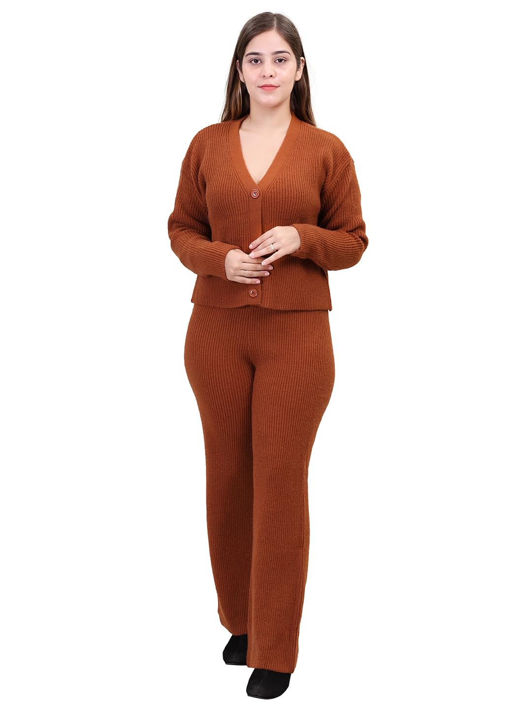 CAMEY Women's Long Sleeve V-Neck Open Button Woolen Co-Ord Set