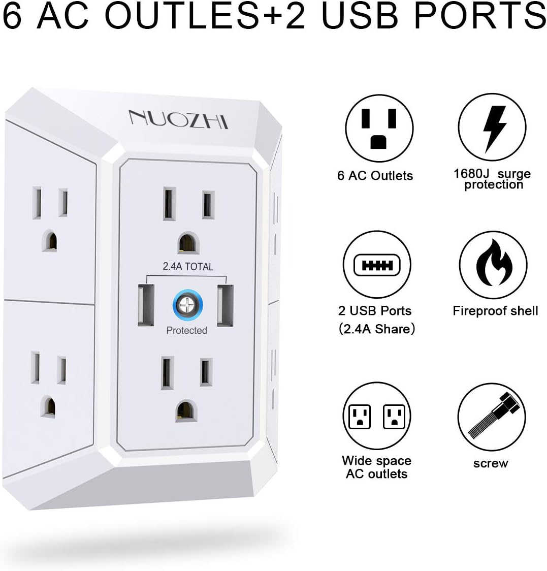 Discount USB Wall Charger, Surge Protector, 6 Outlet Extender with 2 USB Ports,3-Sided 2100J Power Strip Multi Plug Outlets Wall Adapter Spaced for Home Travel Office (2 USB)