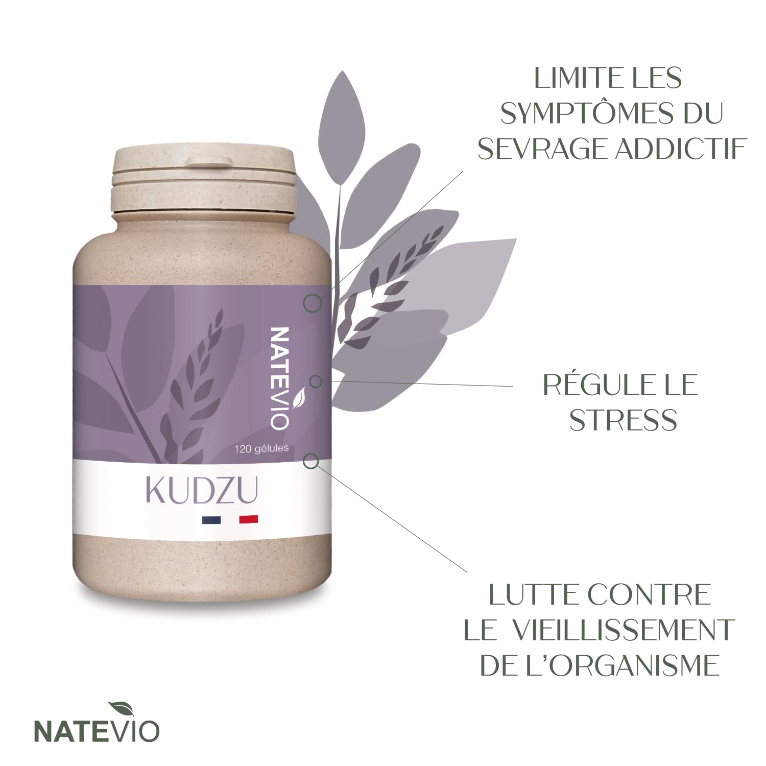 Kudzu - 600 mg (8% isoflavones garanti) - 120 gélules - Sevrage des addictions - Complément alimentaire pour le stress et surmenage - Calmant - 100% naturel - Fabriqué en France