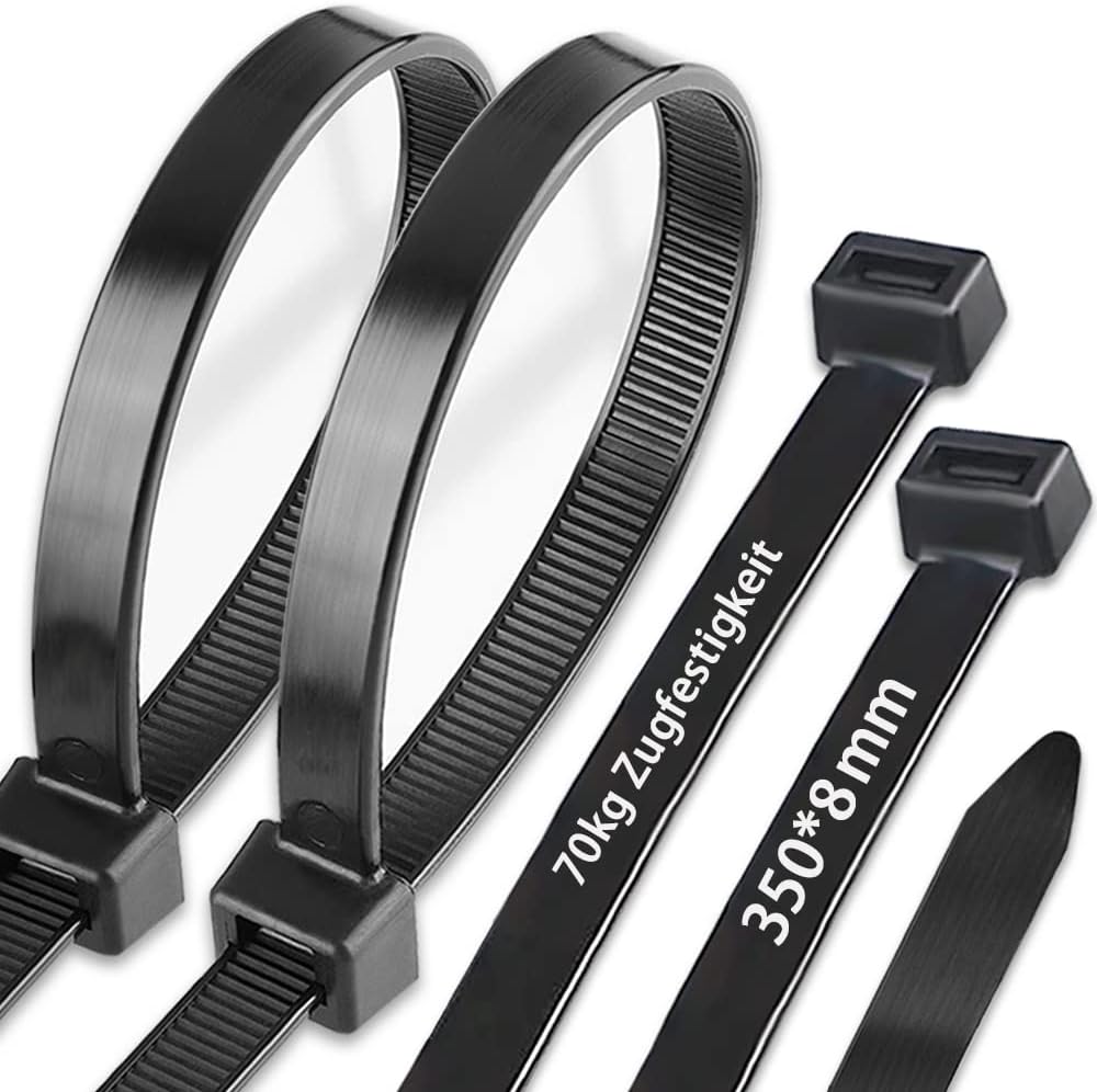 100x Strong Quality Black Cable Ties 450mm x 7.6mm Heavy Duty Heat & Cold Resistant Zip Ties