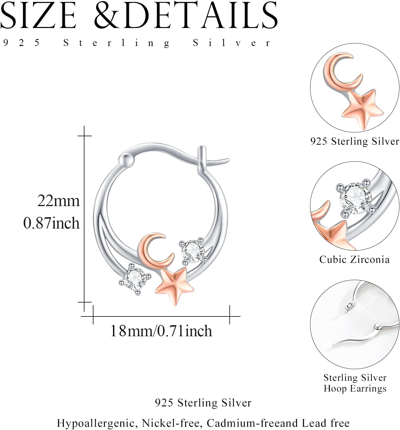Star and Moon Earrings Sterling Silver Rose Gold Moon and Star with CZ Huggie Hoop Earrings Dangle Small Hoop Moon and Star Jewelry Gifts for Women