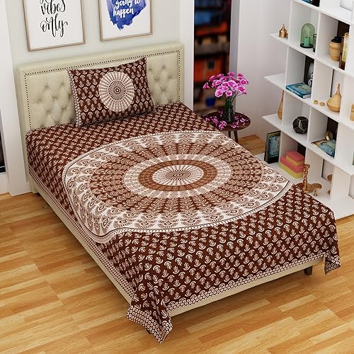 Image of RajasthaniKart Comfort Rajasthani Jaipuri Traditional Sanganeri Print 144 TC 100% Cotton Single Bedsheet with 1 Pillow Cover SB-259 (Brown)