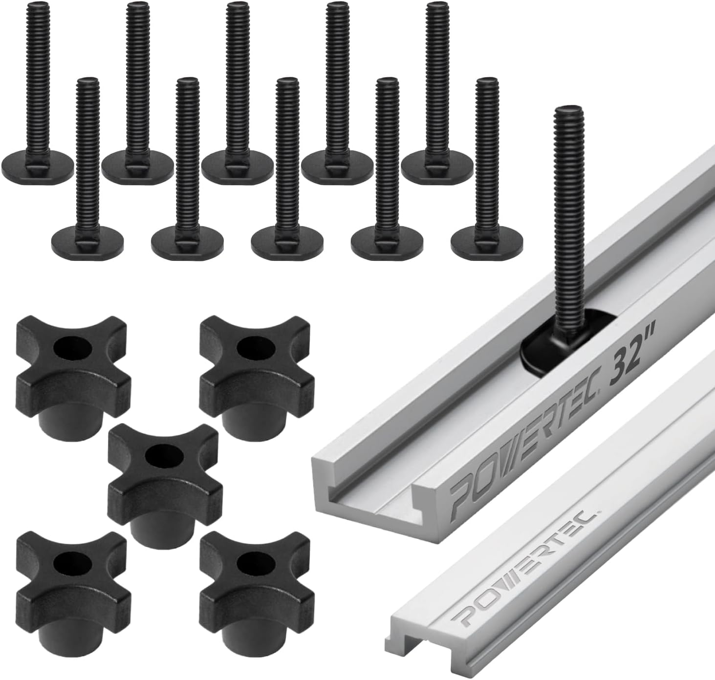 POWERTEC 32" Table Saw Miter T-Track Kit โ Includes T-Bar, 5pcs T Knobs & 10pcs 5/16"-18, 2" Long Miter T Slot Bolts | Miter T Track Accessories for Table Saw & Router Table (72194)