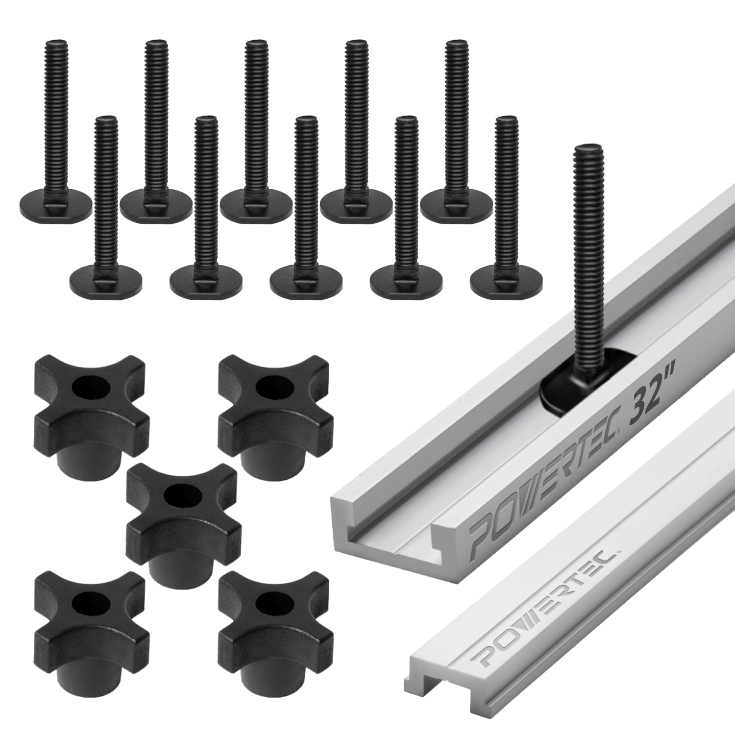 POWERTEC 32" Table Saw Miter T-Track Kit – Includes T-Bar, 5pcs T Knobs & 10pcs 5/16"-18, 2" Long Miter T Slot Bolts | Miter T Track Accessories for Table Saw & Router Table (72194)