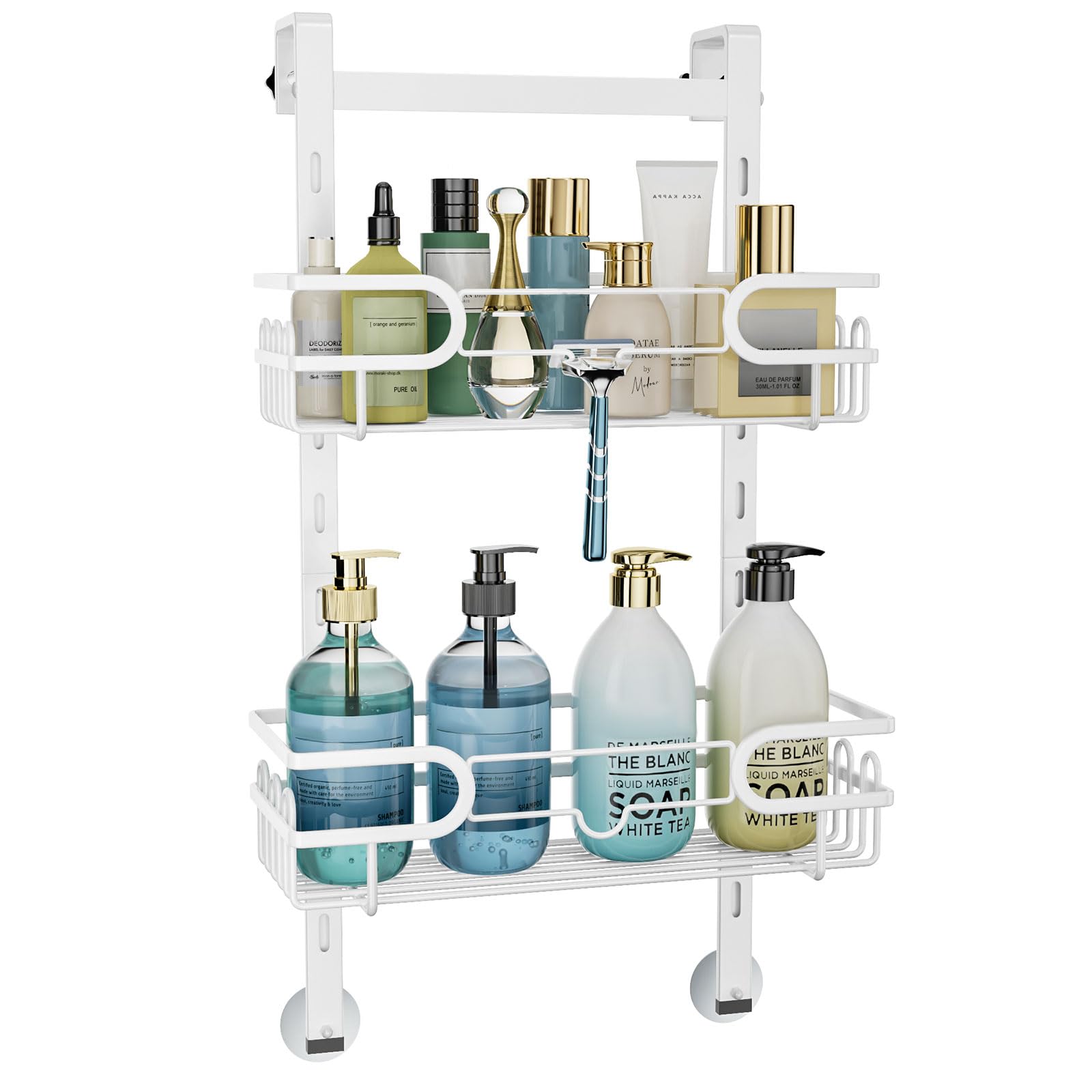 Consumest Over The Door Shower Caddy - 2 Tier Adjustable Hanging Shower Organizer Shelf with 12 Hooks Rustproof