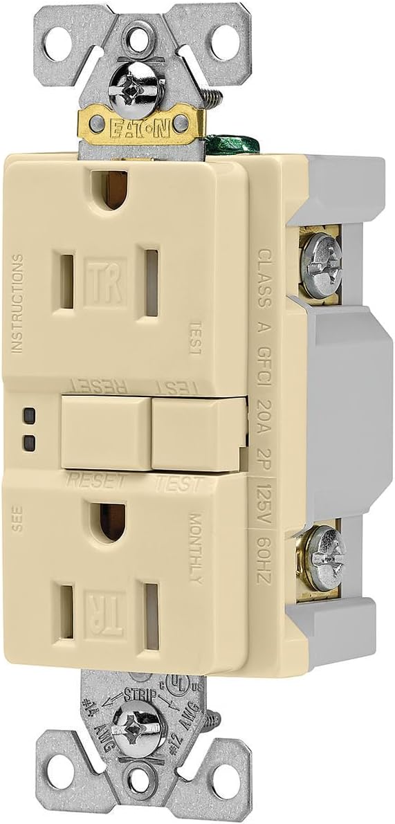 Eaton GFCI Self-Test 15A -125V Tamper Resistant Duplex Receptacle with Standard Size Wallplate, Ivory