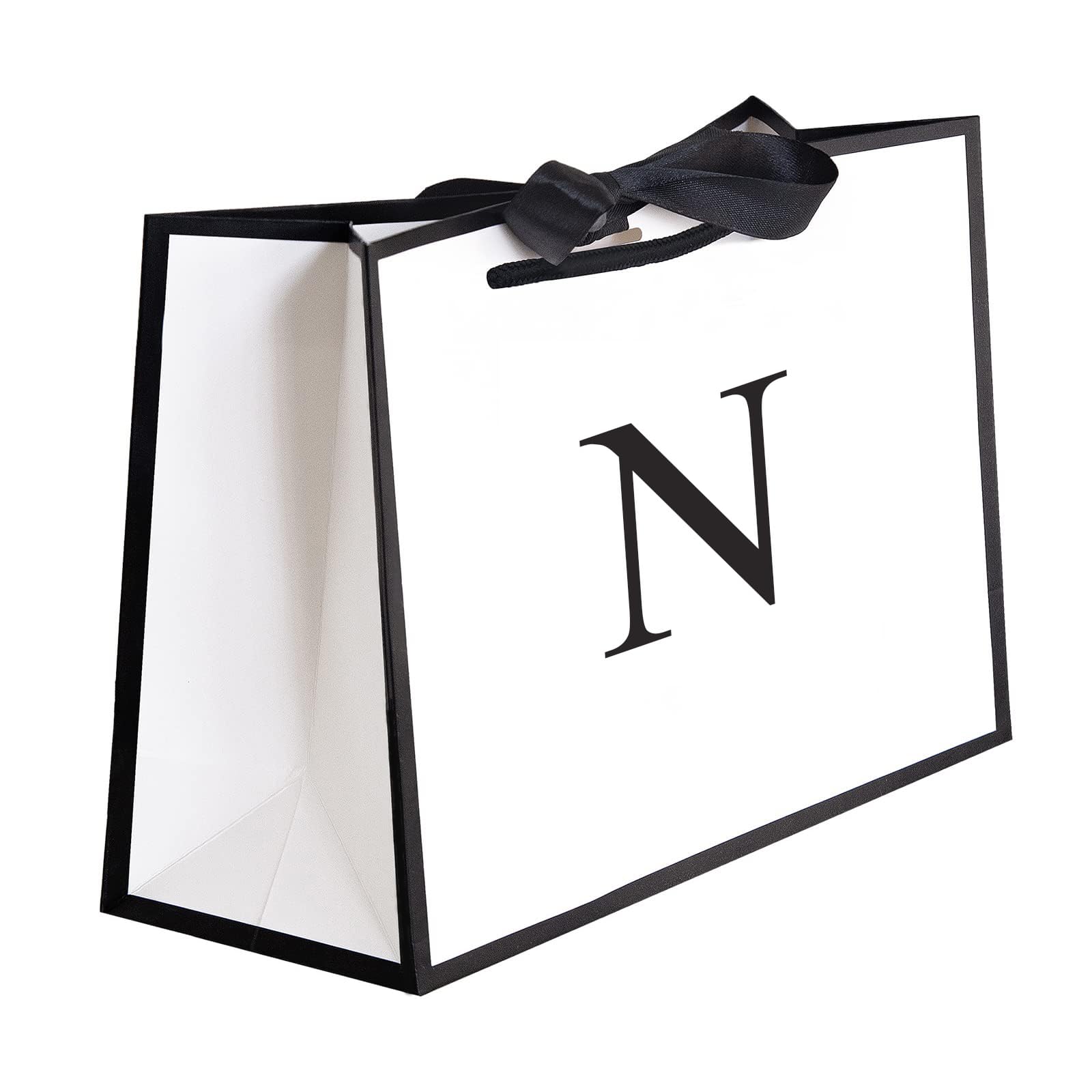 QLSKO Initial Gift Bag with Bow Ribbon Personalized Horizontal Paper Bag Monogrammed Birthday Gifts for Women Men (N-Small)