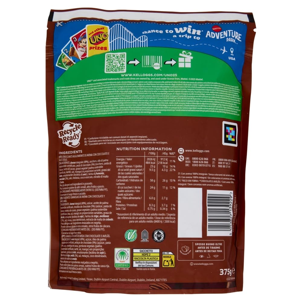12x Extra Cioccolato e Nocciole Knusprige Haferflocken mit Schokolade und Haselnüssen 100% Vollkorn 375g-Packung + Beni Culinari Kostenloser Schlüsselanhänger