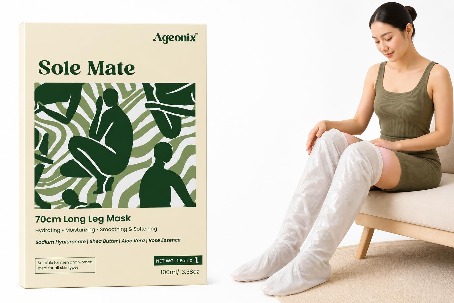 Ageonix Sole Mate 70cm Long Leg Mask | Leg Treatment with Shea Butter, Aloe Vera, Rose Essence & Sodium Hyaluronate | Anti-Aging, Smoothing Moisturizing Leg Wraps | Leg and Foot Care Kit-image-39