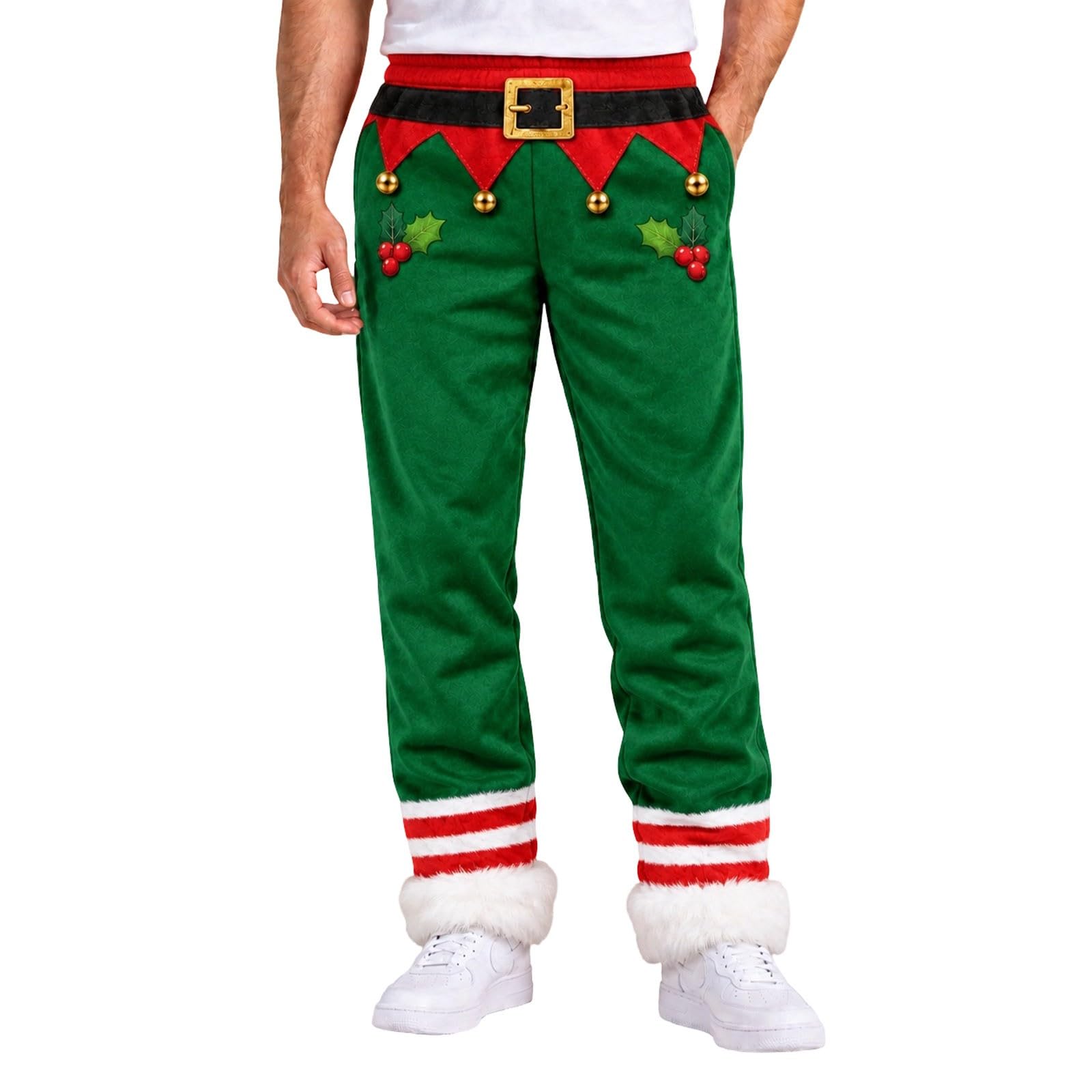 Christmas Costume Pants for Men Green Flannel Xmas Holiday Trousers with Pl