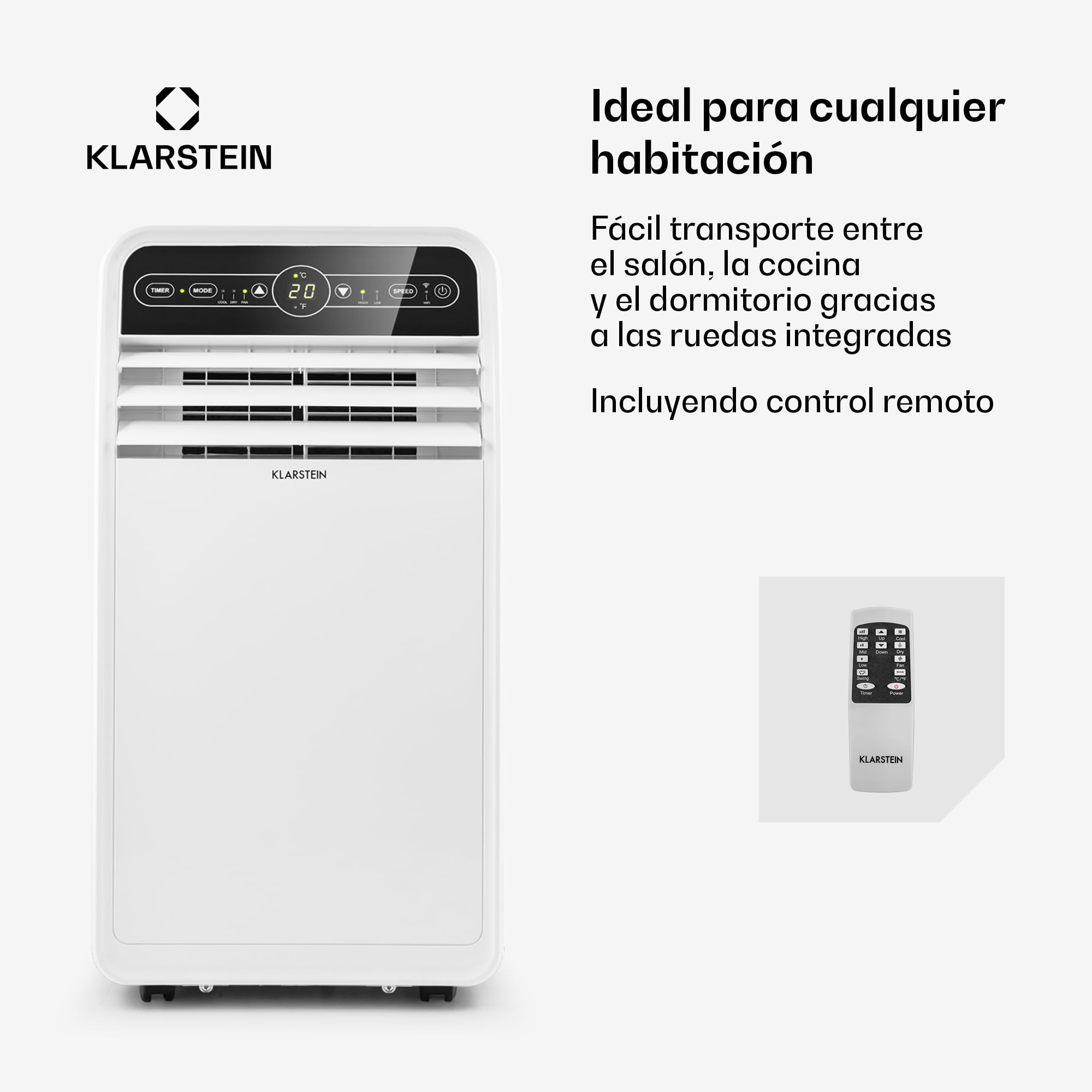 Klarstein Aire Acondicionado Portatil y Silencioso, 4 en 1 Enfriador de Aire para Casa, Modo Noche, Deshumidificador y Ventilador, Casas de Bajo Consumo, Mando a Distancia, 9,000 BTU