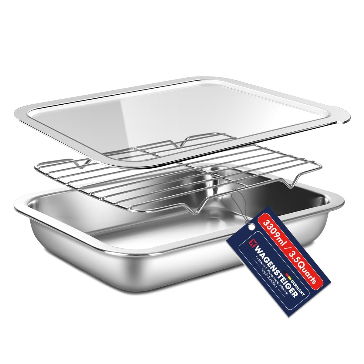 Stainless Steel Food Prep Container Set with Rack & Transparent Lid, Casserole, Bake Pan, Hotel Pan, For Deep Frying Prep/Marination/Oven Roasting/Buffet Party(No.2)