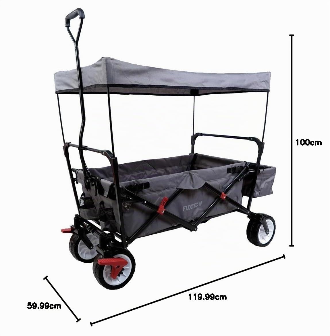 Fuxtec Bollerwagen CT350, Carro Plegable de accionamiento Manual - Transporte de niños - Playa - Cualquier Terreno, Jardin - Capota Desmontable, asa de tracción, 4 Ruedas, Bolsa Trasera y Funda