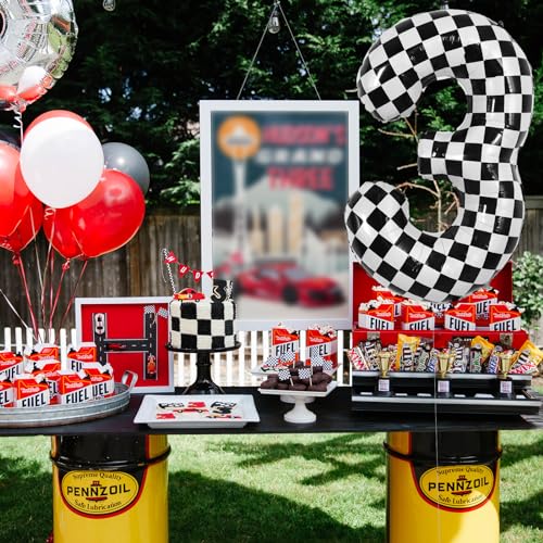 Image of TONIFUL 40 Inch Large Checkered Number 3 Balloon 3rd Birthday Decorations
