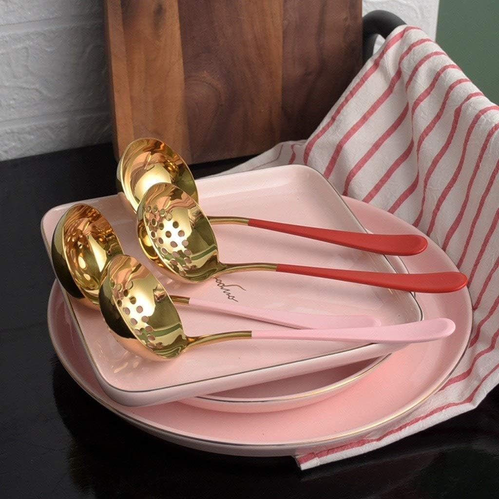 leaky spoon Golden Stainless Steel Thickened Long Handle Colander Soup Spoon Hot Pot Ladle Household Hot Pot Spoon (Pink and Red) colander (Color : D), 20010125