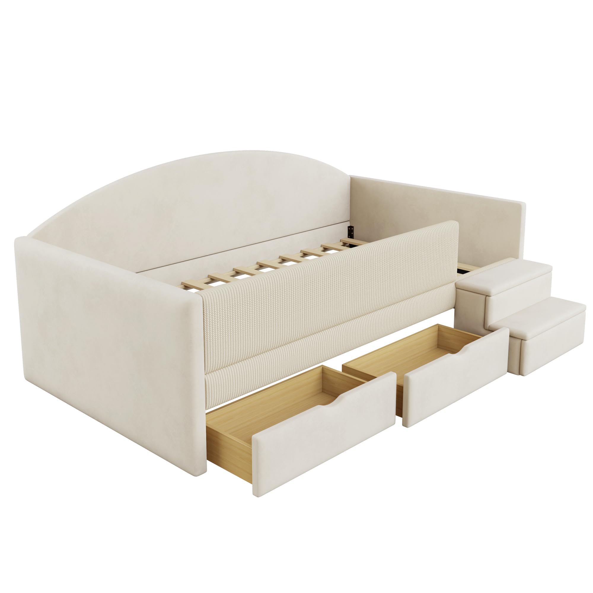 Canapé Lit Rembourré 90x190 cm avec 2 Tiroirs, Garde-Corps et Marchepied, Tissu Velours Doux et Confortable, Structure Bois, Idéal pour Chambre d'enfant, Salon et Chambre d'amis