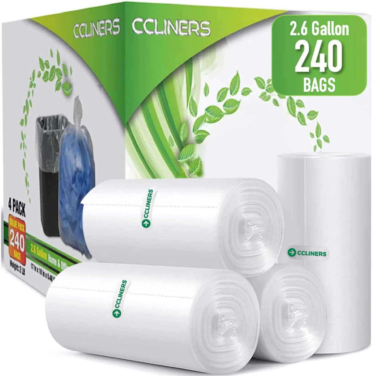 2.6 Gallon Clear Bathroom Trash Bags (240 Bags) 2 Gallon Small Garbage Bags 10 Liter Plastic Wastebasket Trash Can Liners for Home and Office Bins, 240 count