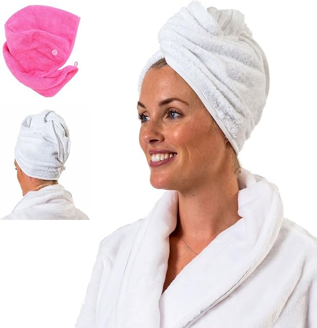aztex Luxury Hair Turban Towel, Head Wrap Towel, Hair Drying Towel with Loop and Button Fastener, Luxury Absorbent and Lightweight Cotton, Multiple Colours, 64 x 23cm - White
