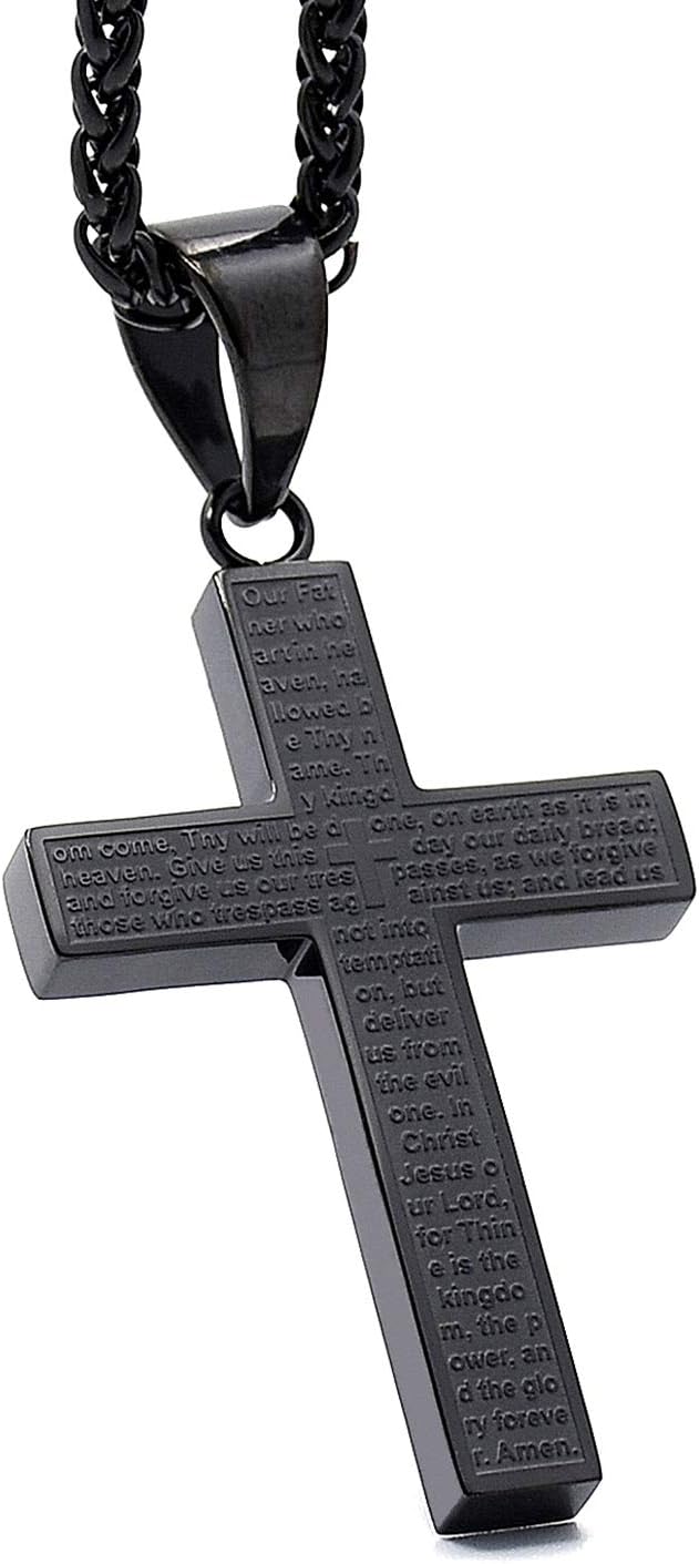 Men's Stainless Steel Simple Cross Pendant Lord's Prayer Necklace 22 Inch
