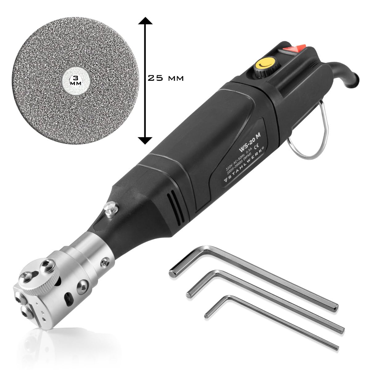 STAHLWERK Wolframschleifgerät (WS-20 M) mit 125 W für Elektroden 1,6–3,2 mm | Handlicher Wolframschleifer mit stufenlos regulierbarer Drehzahl 2.000–20.000 U/min und 25 mm Diamantschleifscheibe