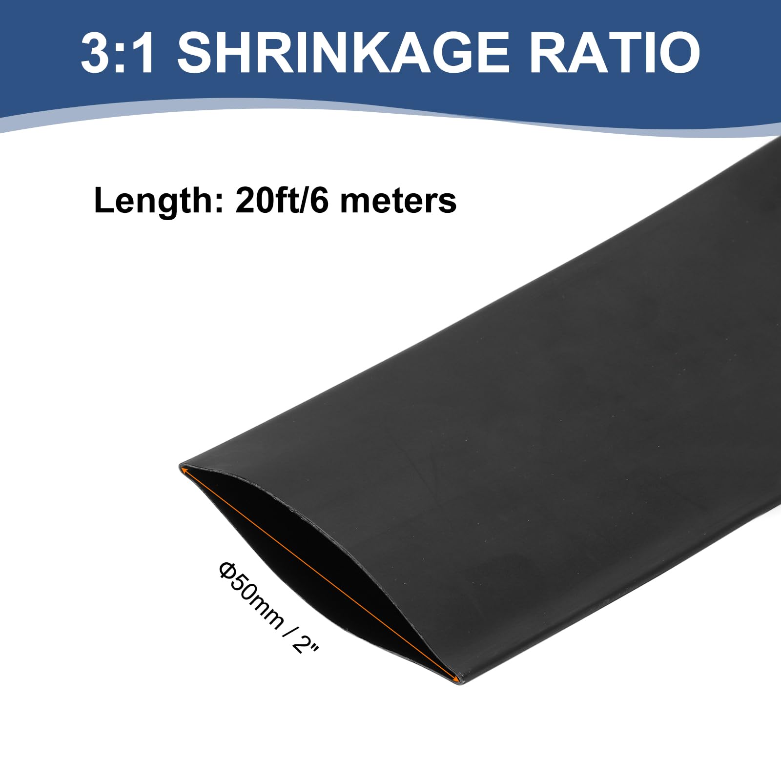 sourcing map Tubo termorestringente impermeabile da 50 mm, 3:1 a doppia parete adesiva marina foderato industriale termorestringente tubo di cablaggio 6,1 m 2 pollici, nero-6 m