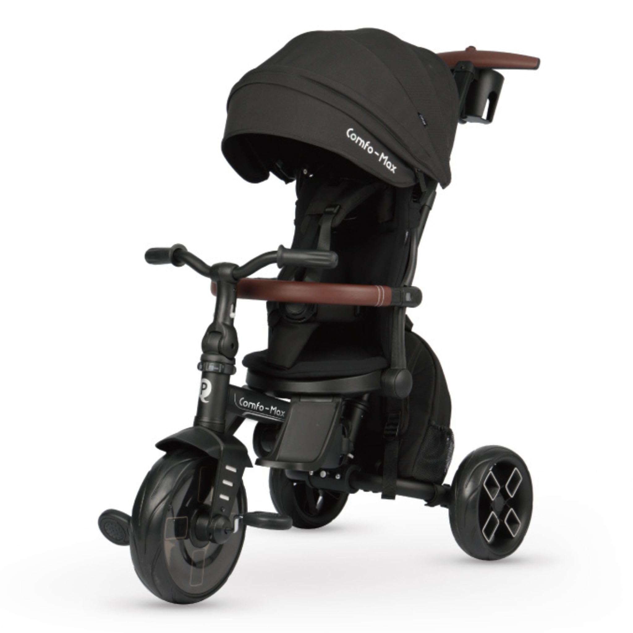 Triciclo Evolutivo Qplay Comfo Max 7 In 1 Multi Accessoriato, Fronte Strada E Fronte Mamma, Reclinabile, Adatto A Bambini Dai 10 Ai 72 Mesi, Pieghevole, Portata Fino A 25 Kg, Black-image