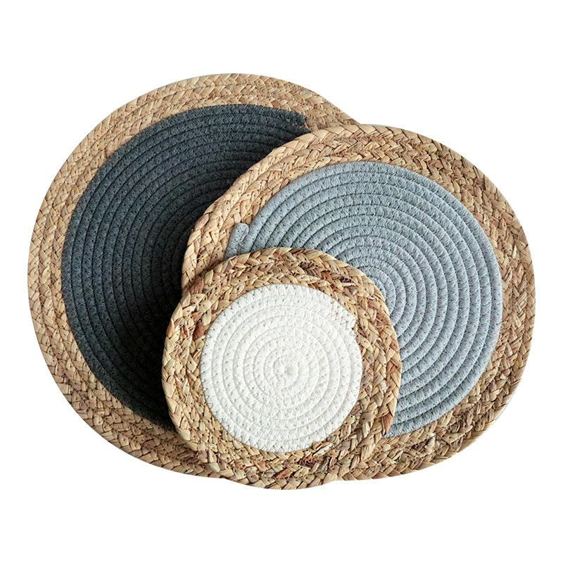 Salvamanteles, 1/3 manteles individuales tejidos de 20/30 cm, manteles individuales redondos, jacinto de agua de mimbre con manteles individuales de algodón, juego de manteles individuales trenzados a