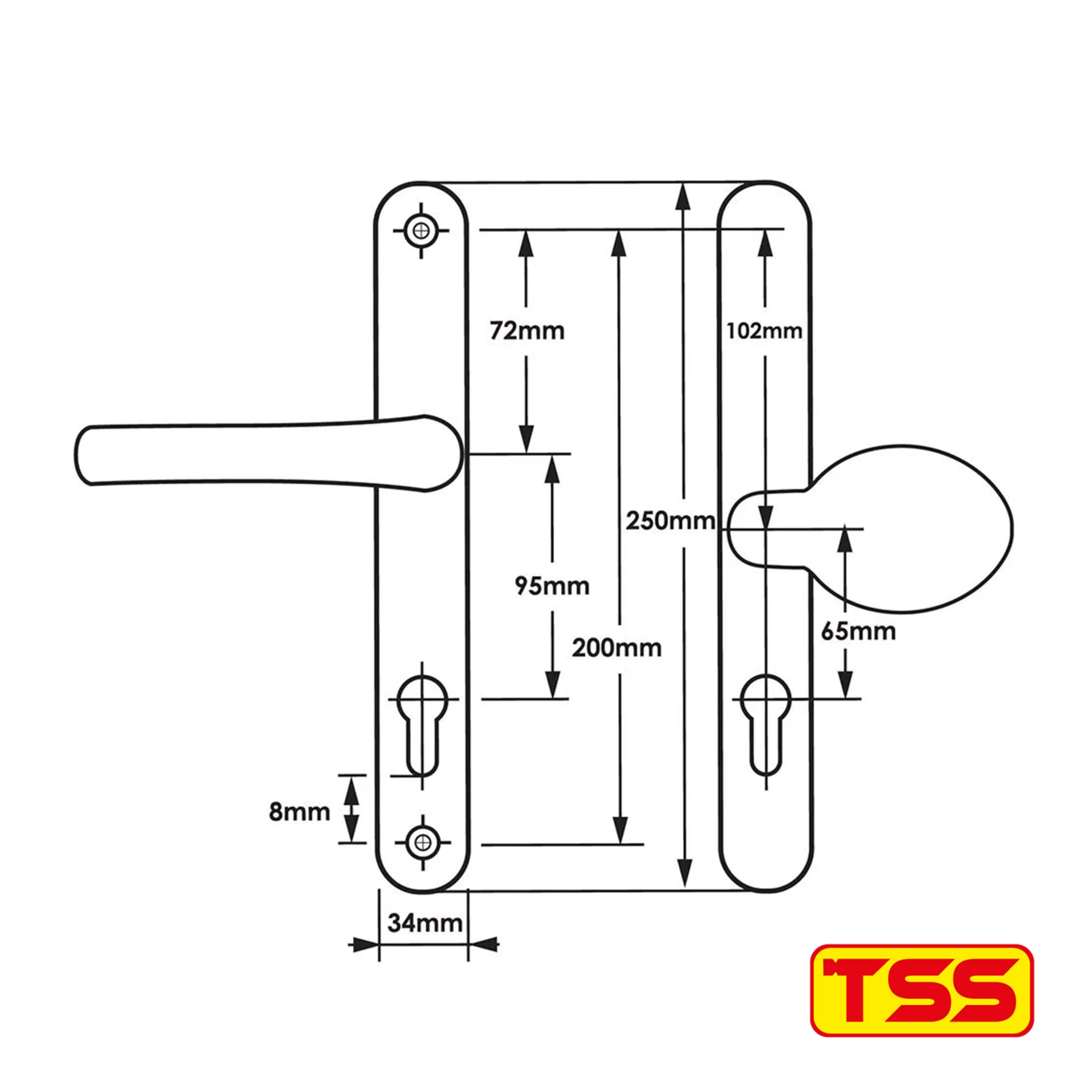 TSS UPVC Door Handle Pair Set including Offset Lever and Pad, 95/65mm PZ Centres (Internal = 95mm / External 65mm), Sprung - Image 3