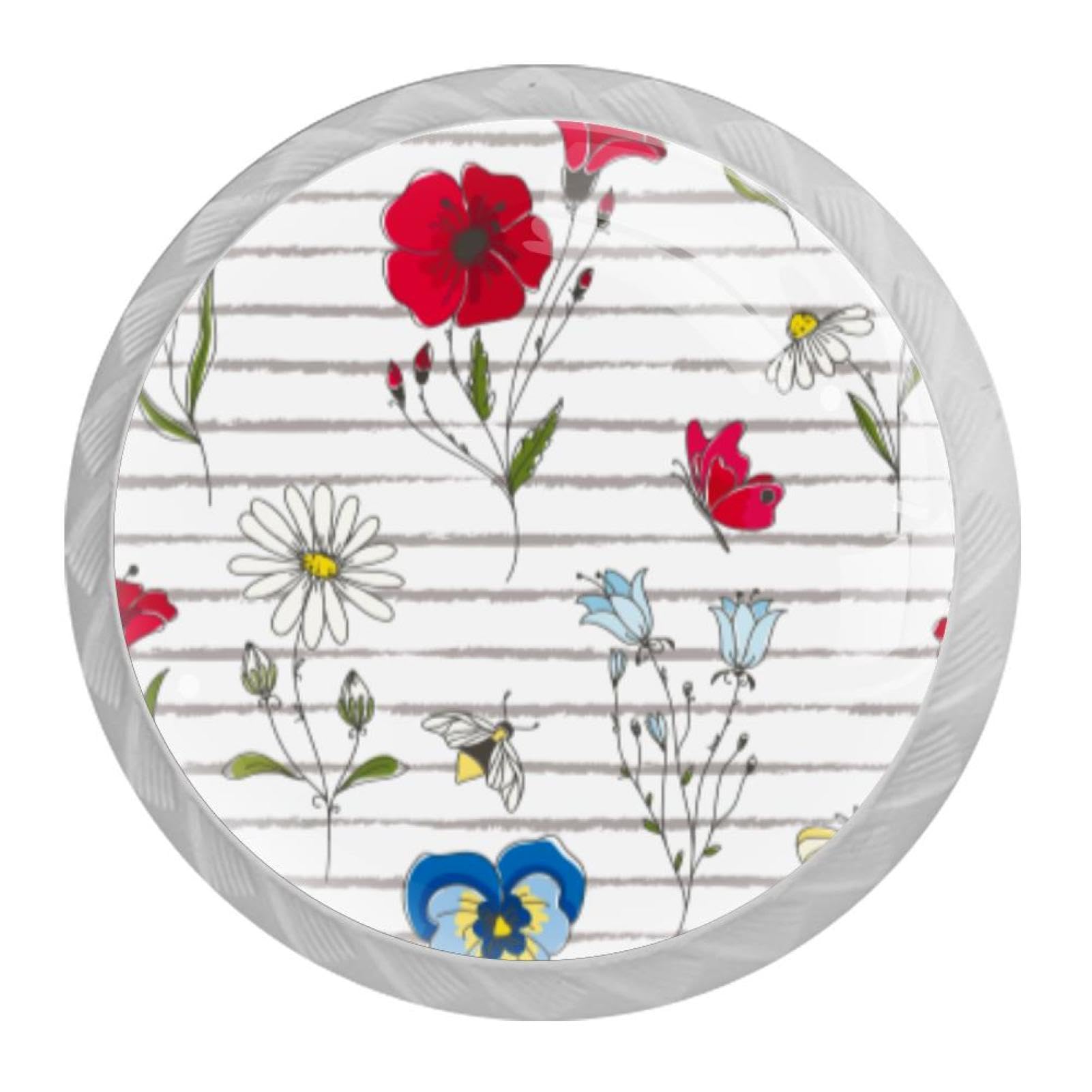 Tqmspg Multi14 4 Pieces Drawer Pulls Watercolor Flowers Door Knobs Dresser Handles For Kitchen Wardrobe Cupboard Hardware Furniture